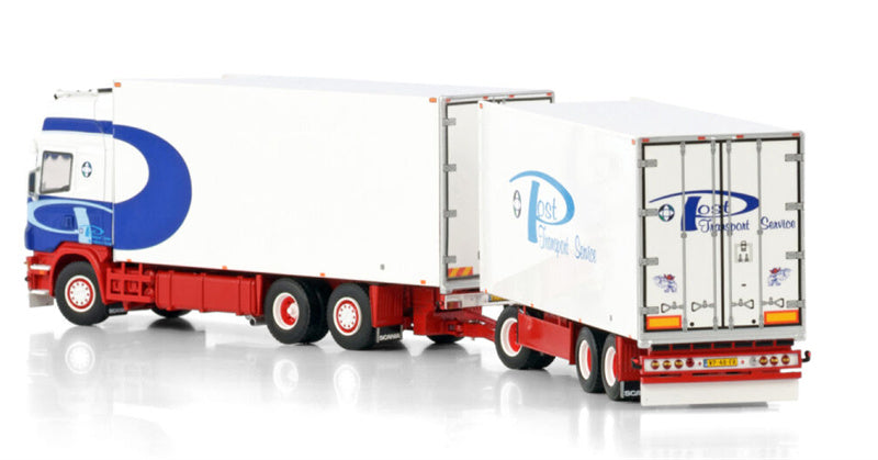 WSI SCANIA R4 TOPLINE RIGED REEFER TRUCK 6X2 TAG AXLE RIGED REEFER DRAWBAR TURNTABLE TRAILER - 3 AXLE Marcel Post Transport Service 1:50 Model