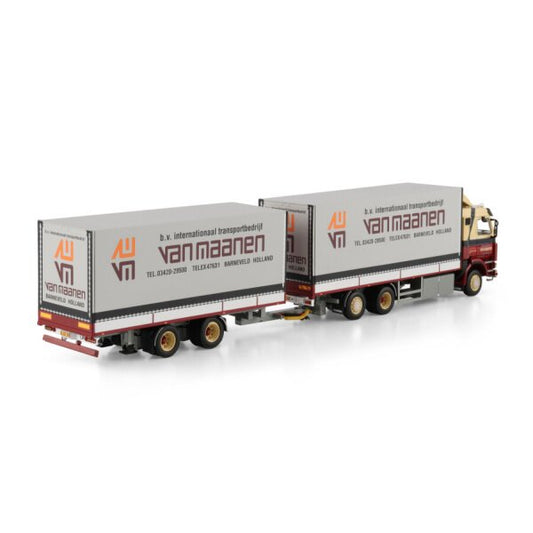 1:50 SCANIA VAN MAANEN 3 Series 6X2 CURTAINSIDE DRAWBAR CENTRE-AXLED TRAILER 5 AXLE WSI Diecast Model