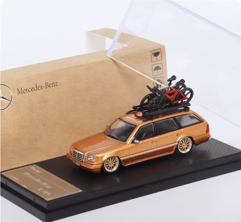 Mortal Mercedes Benz E-Class E300 station wagon S124 with 2 bicycles and luggage rack Gold - Gold Wheel low slung version Limited Edition 299PCS ONLY 1:64 Car Pre-built Model view4
