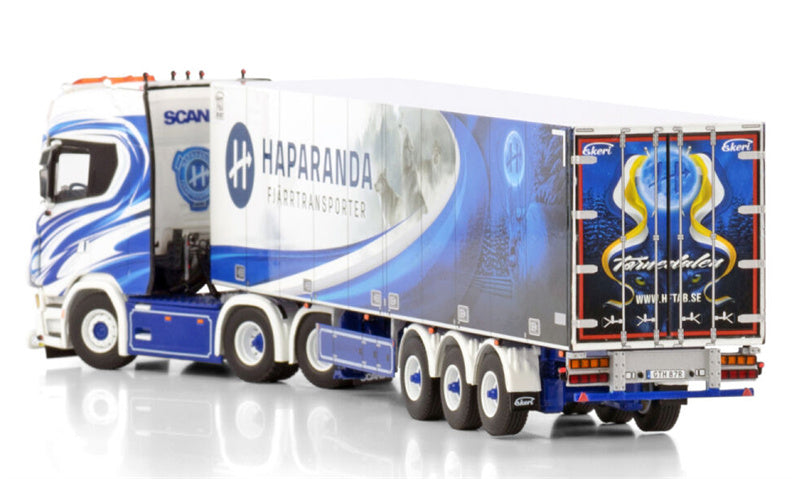 WSI SCANIA S HIGHLINE CS20H 6X2 TAG AXLE REEFER TRAILER - 3 AXLE Haparanda Fjarrtransport 1:50 Model