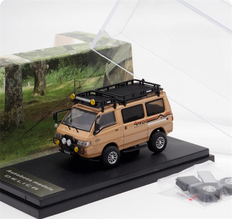 Autobots Models Mitsubishi Delica 3rd Generation Wagon 4X4 Off Road Modified Edition Desert Yellow w/ accessories 1:64 Car Pre-built Model view5