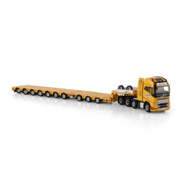 1:50 VOLVO STEIL FH5 XL 8X4 MANOOVR W/ 3 AXLE DOLLY 7 AXLE WSI Yellow Diecast Model