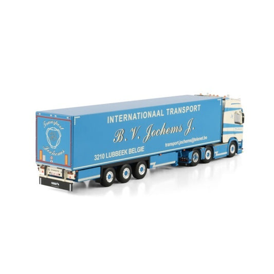 1:50 SCANIA JOCHEMS CR20H 6X2 BOX TRAILER 3 AXLE WSI White-blue Diecast Model