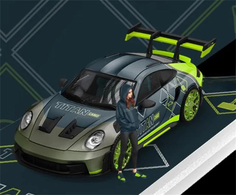 TimeMicro Porsche 992 GT3 RS TITAN Cargo Livery Green Silver w/ Doll Version Limited Edition 999PCS ONLY 1:64 car Pre-built Model view4