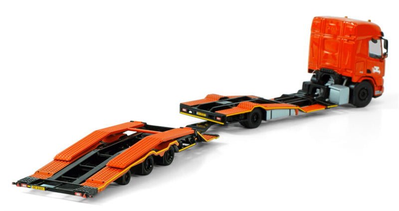 WSI DAF XD SH WITH TOP LIGHTS 4X2 RIGED TRUCK TRANSPORTER TRUCK 4X2 TRUCK TRANSPORTER DRAWBAR TRAILER - 3 AXLE De Rooy 1:50 Model