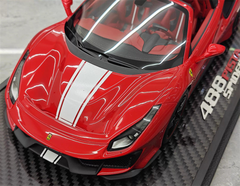 BBR MODELS Ferrari 488 Pista Spider convertible Metallic red White stripe Black wheel red calipers Carbon fiber base Limited Edition 28PCS ONLY 1:18 Car Pre-built Model view8