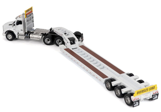 CATERPILLAR Kenworth T880 SBFA Daycab Tridem Tractor in White with Trail King TK120 HDG Lowboy Trailer 1:50 Truck Pre-built Model