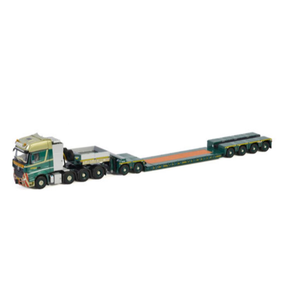 WSI BENZ ACTROS MP4 SLT GIGA SPACE 8X4 LOWLOADER 4 AXLE + DOLLY 2 AXLE BOLK TRANSPORT 1/50 DIECAST Truck