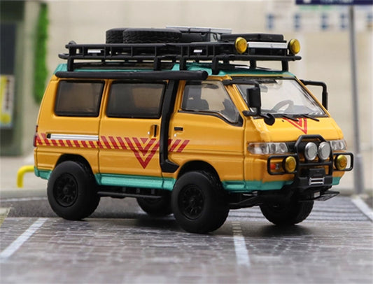 Autobots Models Mitsubishi Delica 3rd Generation Wagon 4X4 Off Road Modified Edition Yellow School Bus left-hand drive with accessories 1:64 Car Pre-built Model view2