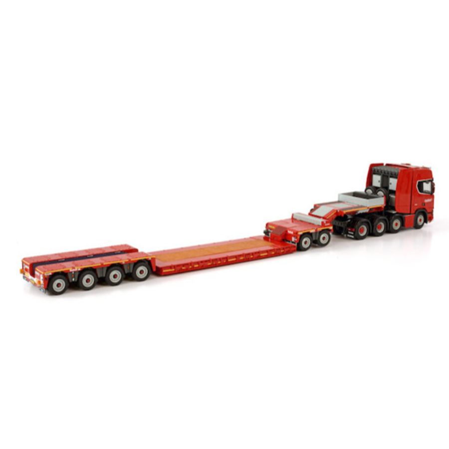 WSI SCANIA R HIGHLINE CR20H 8X4 LOWLOADER - 4 AXLE + DOLLY - 2 AXLE NOOTEBOOM RED LINE 1/50 DIECAST Truck