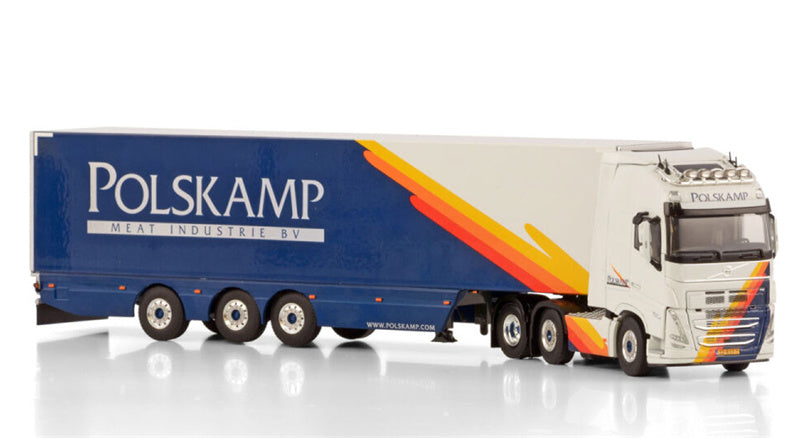 WSI VOLVO FH5 GLOBETROTTER XL 6X2 TWIN STEER REEFER TRAILER - 3 AXLE Polskamp Meat Industrie BV 1:50 Truck Pre-built Model