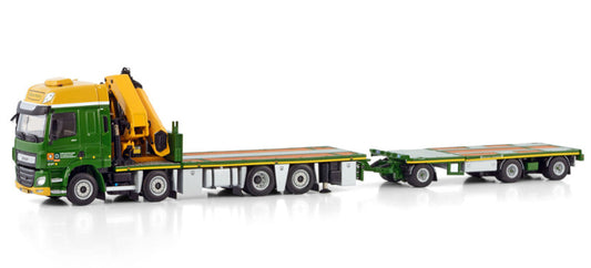 WSI DAF CF SPACE CAB MY2017 RIGED FLAT BED TRUCK WITH PALFINGER PK 65002 SH + JIB 8X2 TAG AXLE FLAT BED TRAILER - 3 AXLE Boerman 1:50 DIECAST Truck