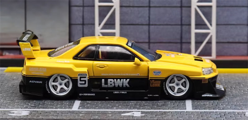 SW Nissan Skyline LBWK ER34 Yellow Black White Wheels 5# Limited Edition 1:64 car Pre-built Model view5
