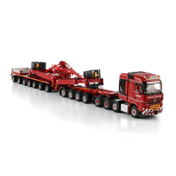 1:50 MERCEDES BENZ NOOTEBOOM RED LINE AROCS MP4 8X4 WIND MILL TRAILER W/ 4 AXLE DOLLY 7 AXLE WSI Red Diecast Model