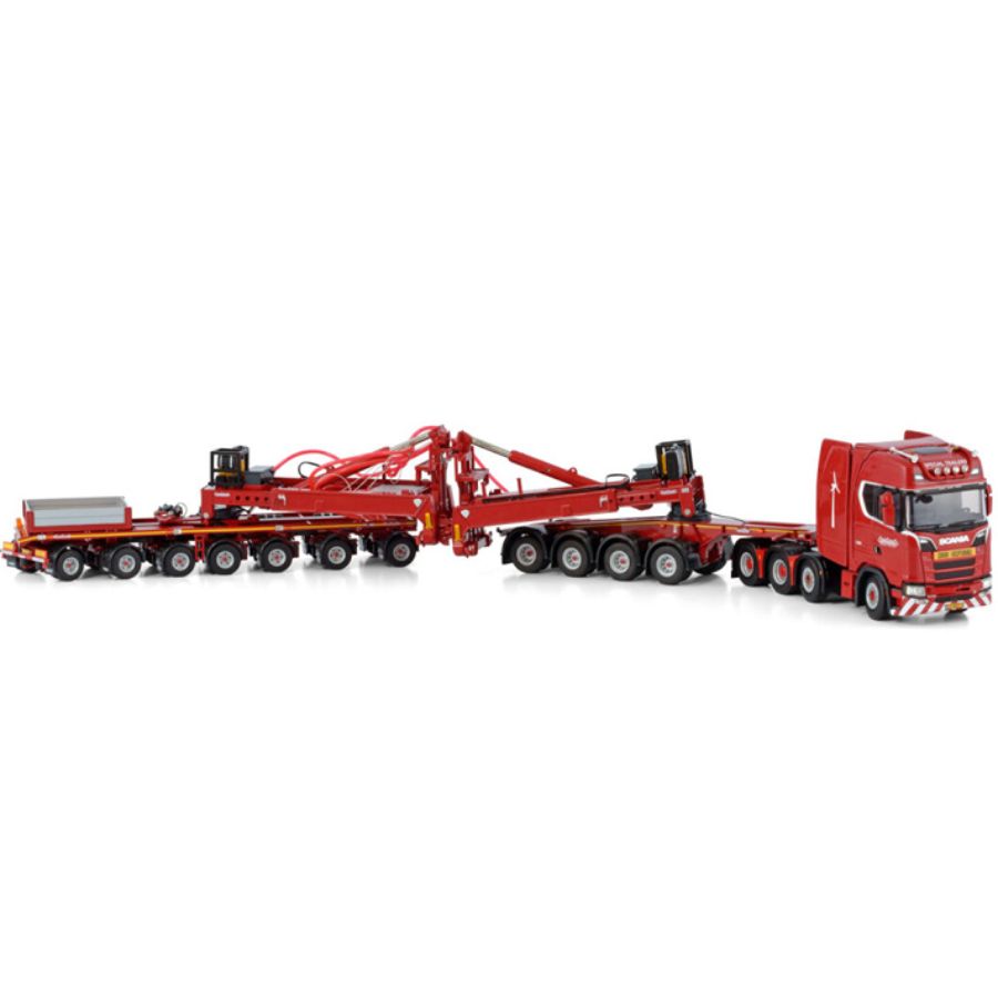 WSI SCANIA S HIGHLINE CS20H 8X4 WIND MILL TRAILER WITH 4 AXLE DOLLY - 7 AXLE NOOTEBOOM RED LINE 1/50 DIECAST Truck Lorry