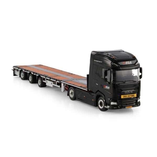1:50 DAF MEGA TRANSPORT XG + 4X2 FLATBED TRAILER 3 AXLE WSI Black Diecast Model