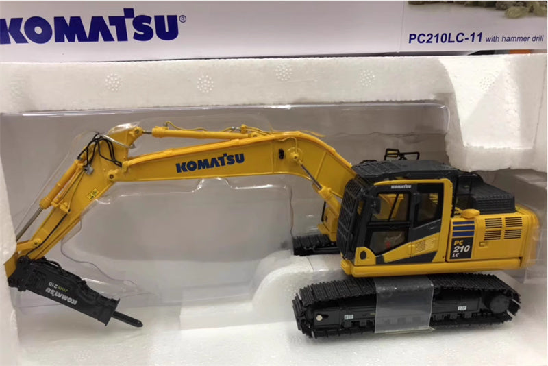 Universal Hobbies Komatsu PC210LC-11 Excavator with Hammer Drill Yellow 1:50 Truck Pre-built Model