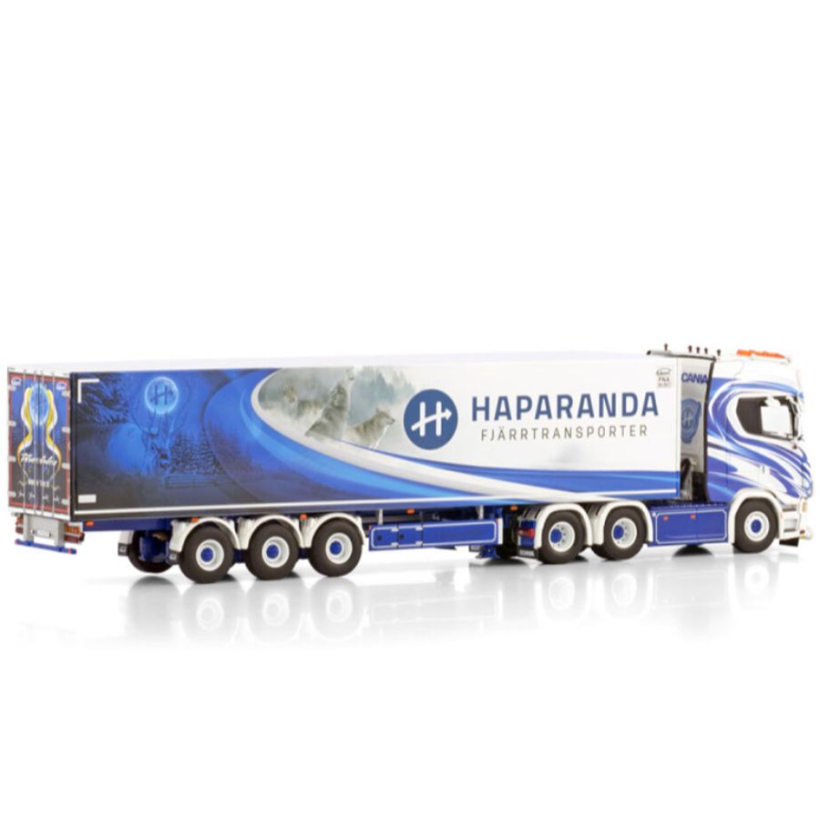 WSI SCANIA S HIGHLINE CS20H 6X2 TAG AXLE REEFER TRAILER - 3 AXLE Haparanda Fjarrtransport 1:50 DIECAST Truck Lorry