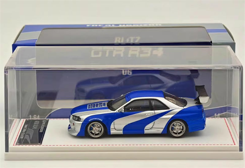Focal Horizon Nissan GT-R R34 NFS Silver Blue Limited Edition 999PCS ONLY OVER SPEED 1:64 Car Pre-built Model view6