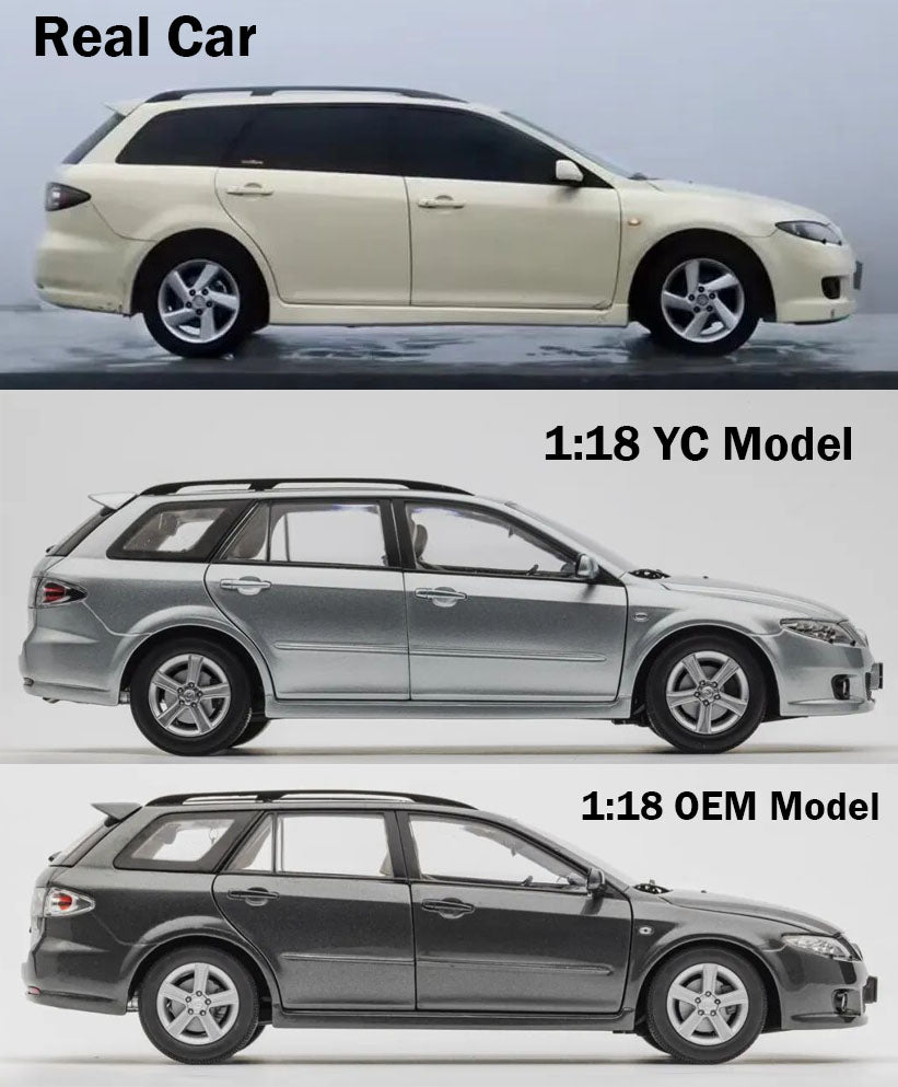 YC Model Classic 1:18 Mazda6 Wagon in Cloud Silver with earlier gray Mazda OEM comparison model