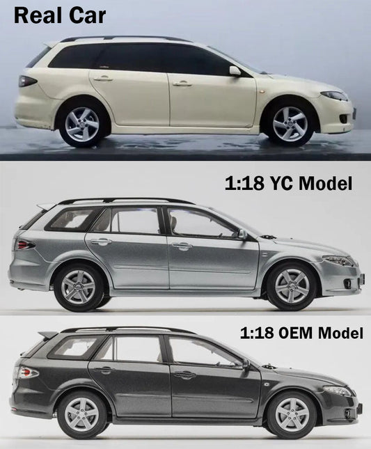 YC Model Classic 1:18 Mazda6 Wagon in Cloud Silver with earlier gray Mazda OEM comparison model