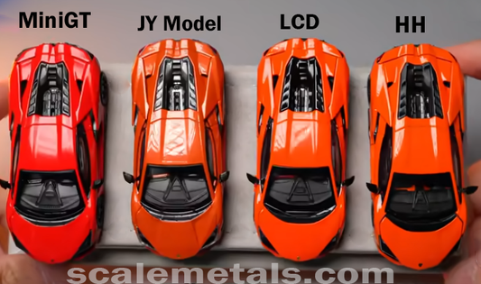 1:64 Lamborghini Revuelto top-view comparison — LCD, HH, MiniGT, JY Model side by side