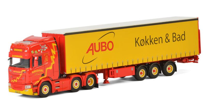 WSI SCANIA R HIGHLINE 6X2 + CURTAINSIDETRAILER - 3 AXLE Bredahl Transport AUBO Kokken&Bad 1:50 Truck Pre-built Model