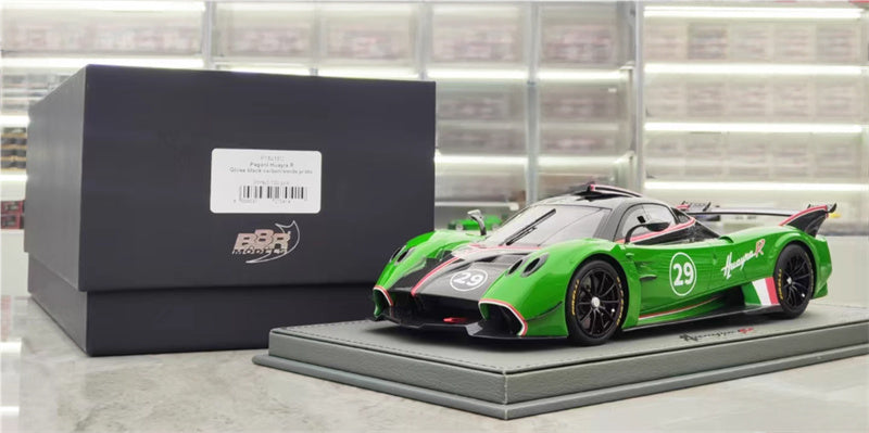 BBR MODELS Pagani Huayra R #29 Gloss black carbon/verde orati Limited Edition 100PCS ONLY Leather base 1:18 Car Pre-built Model view10