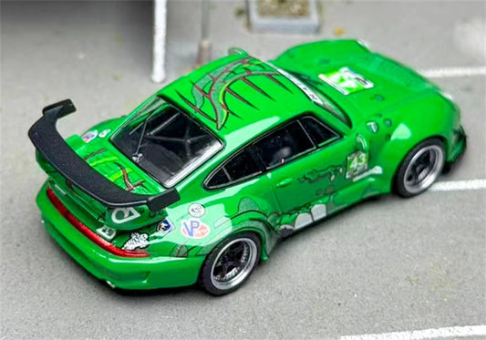 FLAME Porsche RWB 993 Green Dinosaur Limited Edition 499PCS ONLY RAUH - Welt 1:64 Car Pre-built Model view2