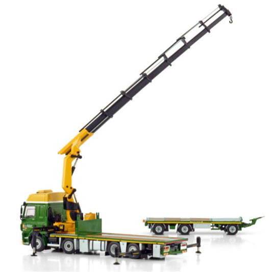 WSI  DAF CF SPACE CAB MY2017 RIGED FLAT BED TRUCK WITH PALFINGER PK 65002 SH + JIB 8X2 TAG AXLE FLAT BED TRAILER - 3 AXLE Boerman 1:50 DIECAST Truck