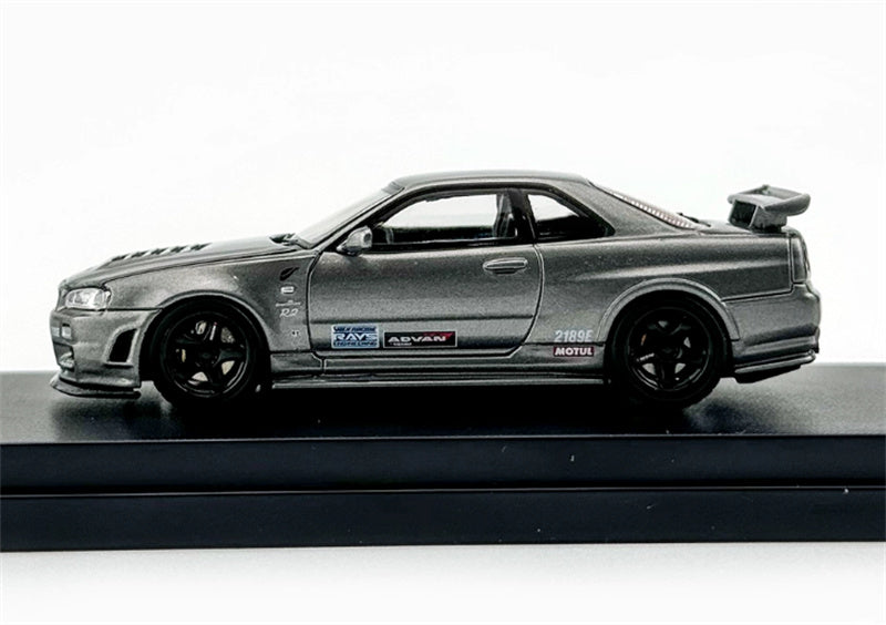 MOTORHELIX NISSAN SKYLINE GT-R R34 (NISMO) CRS VER Metallic Grey w/livery Limited Edition 699PCS ONLY 1:64 Car Pre-built Model view3