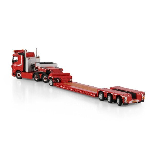 1:50 VOLVO LOONBEDRIJF VAN ETTEN FH5 6X4 LOW LOADER W/ 1 AXLE DOLLY 3 AXLE WSI Red Diecast Model