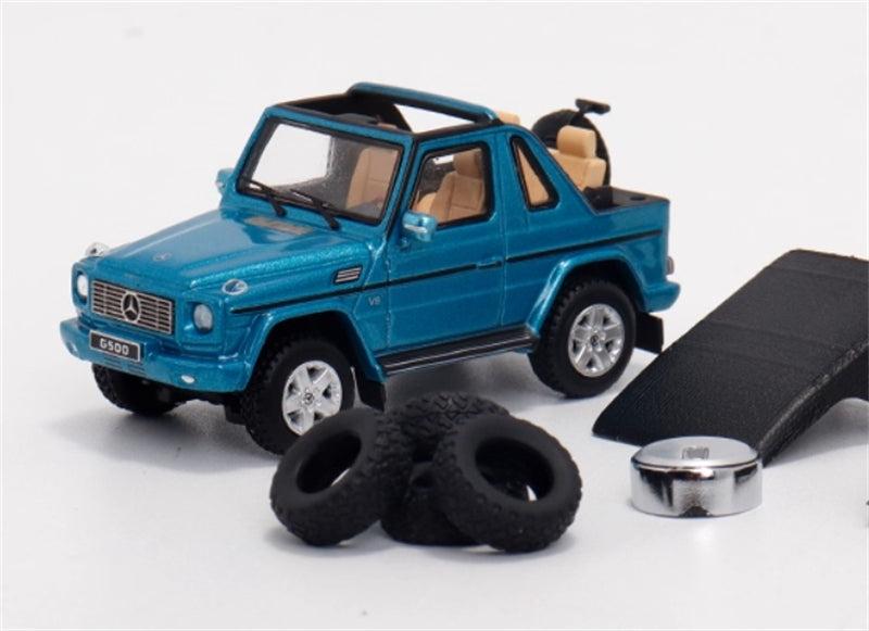 GCD Mercedes benz G500 two-door short-wheelbase convertible off-road with roof comes with 4 tires blue LHD 1:64 Car Pre-built Model view4