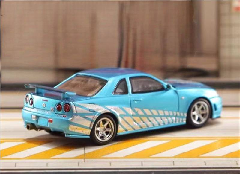 Stance Hunters Nissan Skyline GTR BNR34 V-SPEC-II electroplated blue - silver edge 1:64 Car Pre-built Model view2