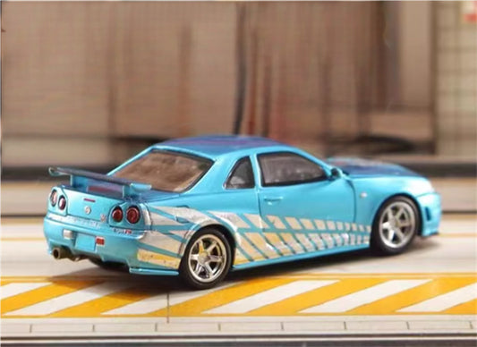Stance Hunters Nissan Skyline GTR BNR34 V-SPEC-II electroplated blue - silver edge 1:64 Car Pre-built Model view2