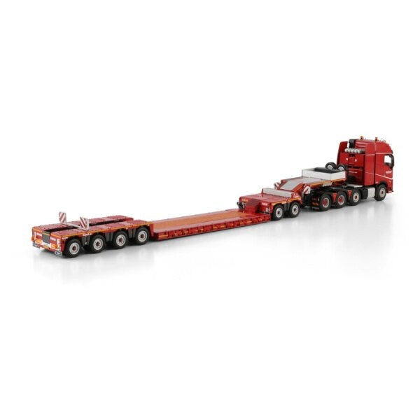 1:50 VOLVO NOOTEBOOM RED LINE FH5 8X4 LOW LOADER W/ DOLLY 2 AXLE 6 AXLE WSI Red Diecast Model