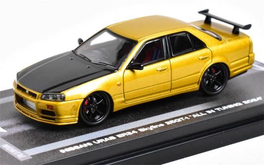 Mortal NISSAN ER34 SkyIne 25GT-t ALL IN TUNING 2024 Modified Edition gold Carbon Hood Black Wheel Limited Edition 1:64 Car Pre-built Model view1