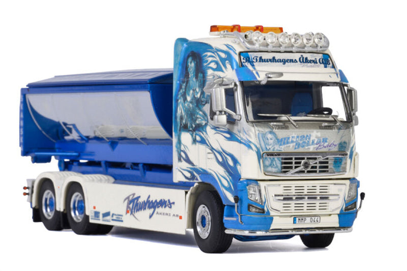 WSI  VOLVO FH3 GLOBETROTTER XXL 6x4 HOOKLIFT SYSTEM + HOOKLIFT COTAINER ASPHALT Thurhagens Akeri AB 1:50 Truck Pre-built Model