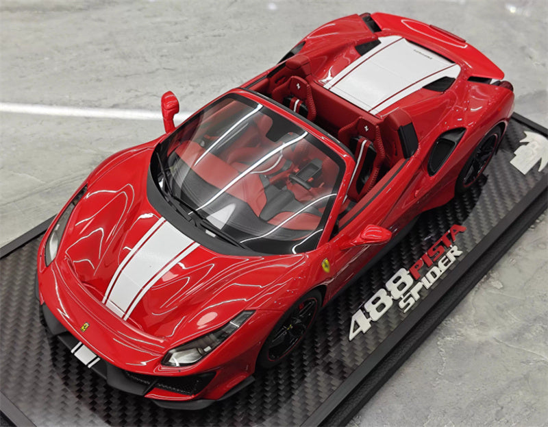 BBR MODELS Ferrari 488 Pista Spider convertible Metallic red White stripe Black wheel red calipers Carbon fiber base Limited Edition 28PCS ONLY 1:18 Car Pre-built Model view5