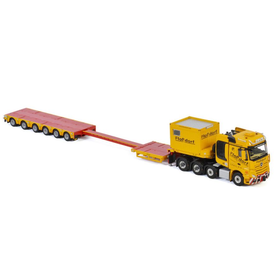 WSI MB ACTROS MP4 SLT BIG SPACE 8X4 SEMI LOW LOADER-6 AXLE + 10 FT CONTAINER FLOSSDORF 1/50 DIECAST Truck