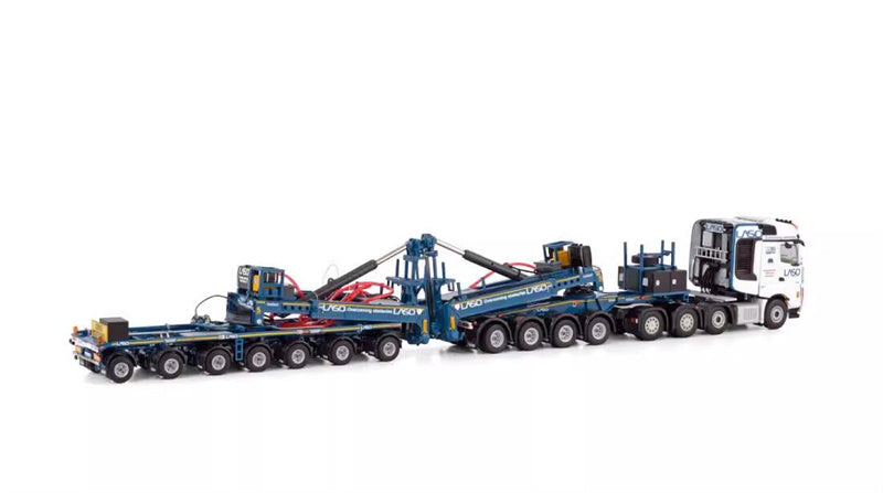 WSI MERCEDES BENZ AROCS MP4 SLT BIGSPACE 8X4 MEGA WINDMILL TRAILER - 7 AXLE + DOLLY - 4 AXLE LASO 1:50  DIECAST Truck Lorry