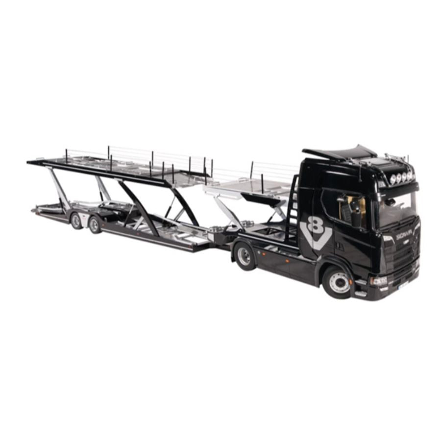 NZG SCANIA 730S Black V8 transport vehicle + double-layer trailer KIT 1:18 DIECAST Truck Lorry