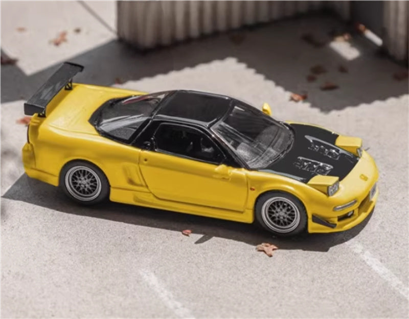 Fuji Honda NSX first generation NA1 standing lamp version Yellow Black top silver wheel 1:64 Car Pre-built Model view2