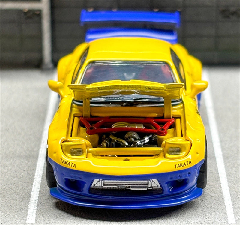 Master Mazda RX-7 FC3S Rocket Runny Pandem Blue yellow double spelling Limited Edition 1:64 Car Pre-built Airliner Model Display view8
