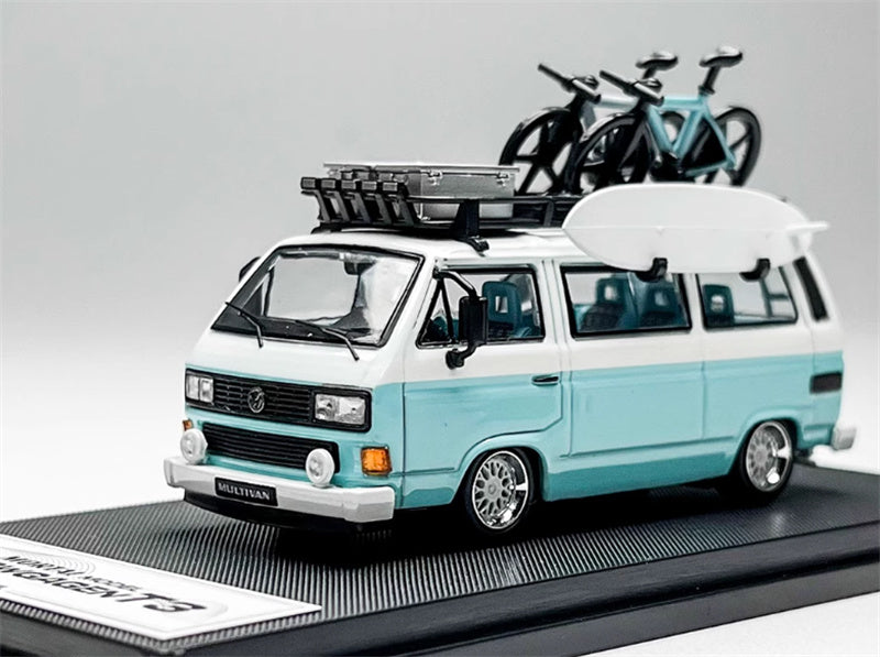Mortal VW T3 Magway van BBS light Blue + White Double Splicing with accessories 1:64 Car Pre-built Model view1