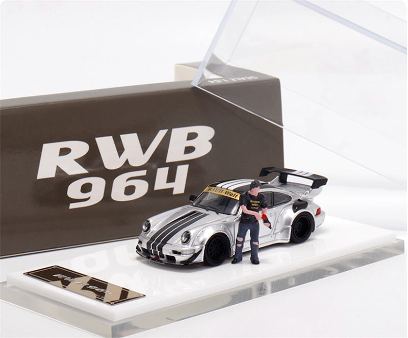 Star Model Porsche RWB 964 GT Tail Wing Edition Limited Edition Silver Black Line w/ Figure 1:64 Car Pre-built Model view8