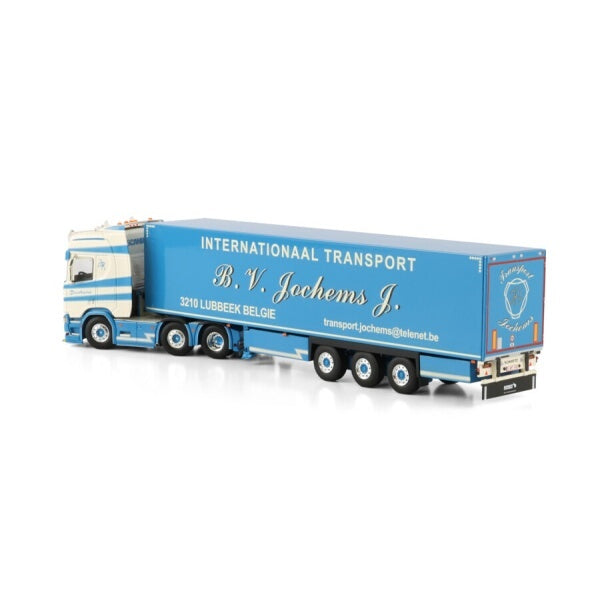 1:50 SCANIA JOCHEMS CR20H 6X2 BOX TRAILER 3 AXLE WSI  White-blue Diecast Model