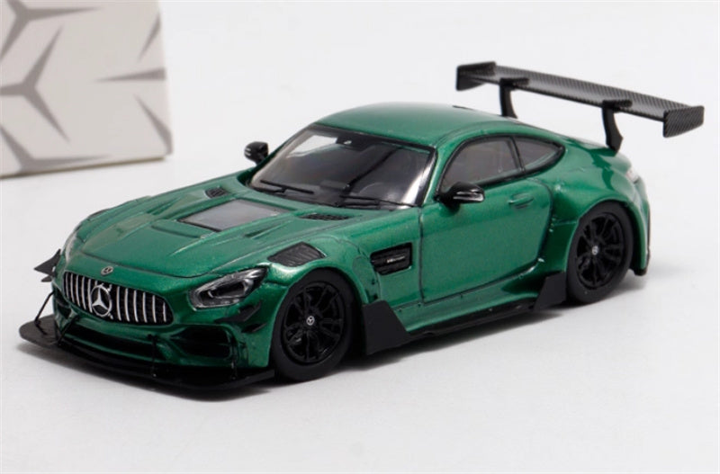 Rhino Model Mercedes AMG GTS modified big rear wing sports car Metallic Green 1:64 Car Pre-built Model view1