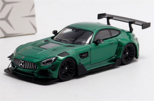 Rhino Model Mercedes AMG GTS modified big rear wing sports car Metallic Green 1:64 Car Pre-built Model view1