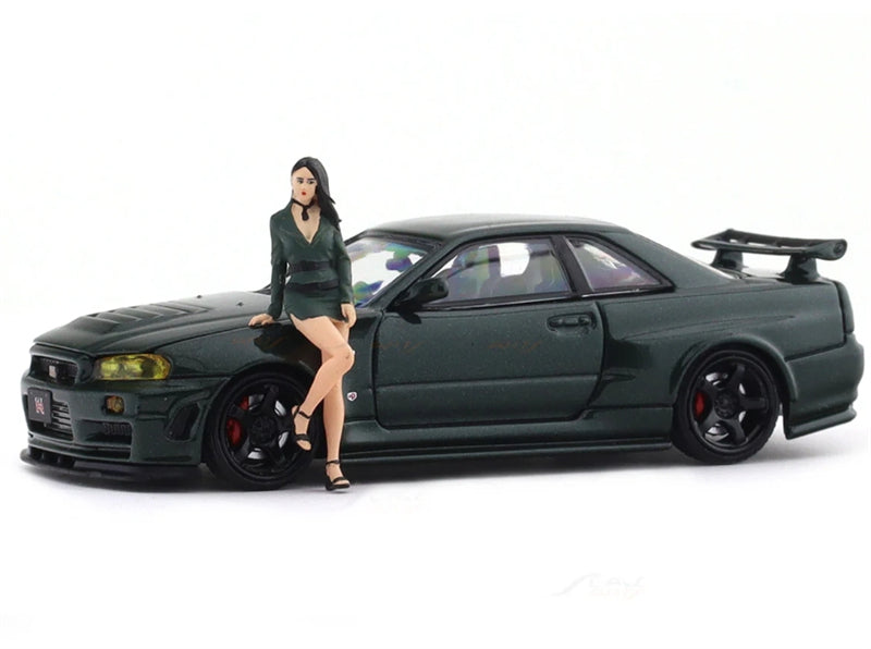 TimeMicro Nissan Skyline GTR34 Dark Green w/ Doll Version Limited Edition 999PCS ONLY 1:64 car Pre-built Model view1